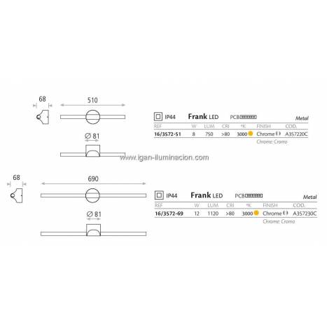 Aplique de pared Frank LED IP44 cromo - ACB