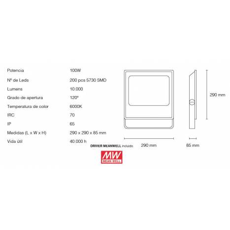 Proyector LED SMD 100w IP66 Top Slim - Maslighting