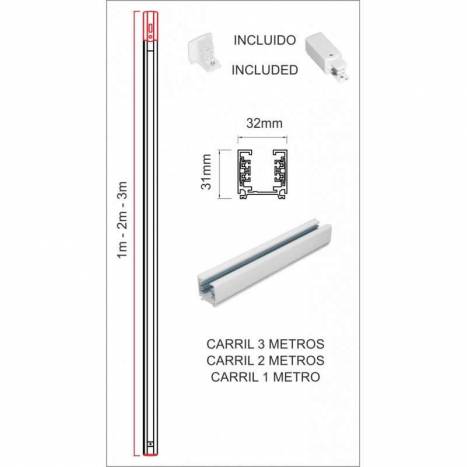 Carril trifasico con conector + tapa final blanco