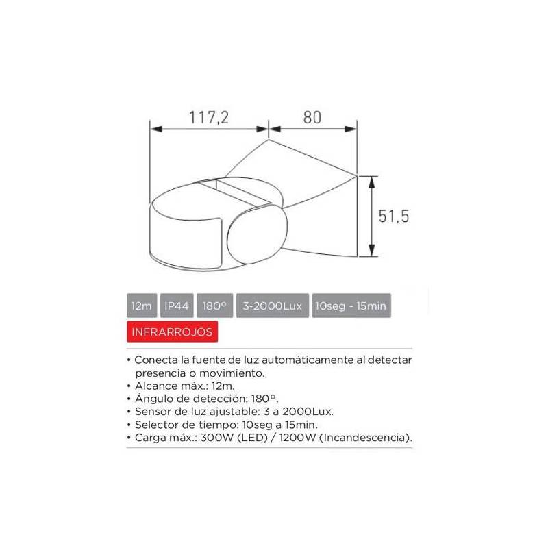 Sensor de movimiento PIR superficie IP65 180º 300/1200w