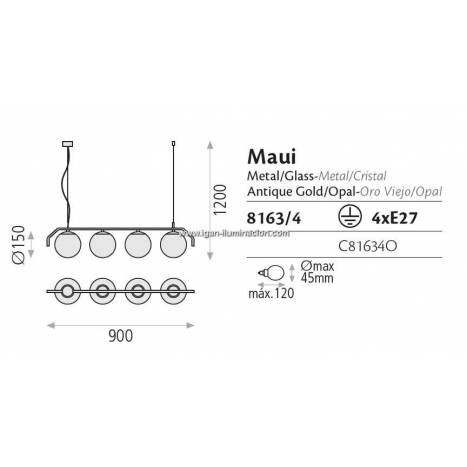 Lámpara colgante Maui 4L 90cm oro - ACB