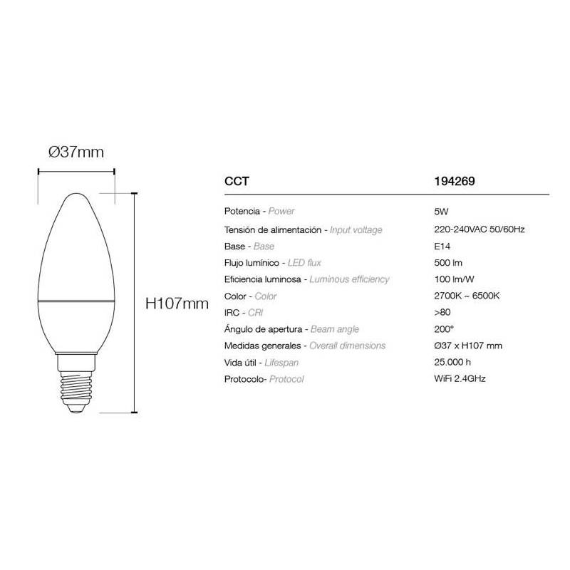 Bombilla inteligente LED 5w Vela E14 WIFI CCT - Maslighting