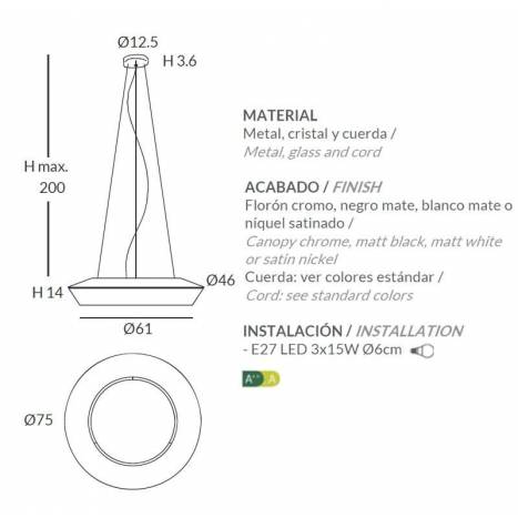 Lámpara colgante Banyo 75cm 3L E27 cuerda - Ole