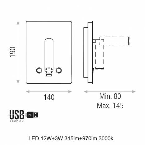 ACB Manat LED 3+12w USB wall lamp
