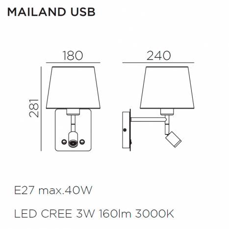 MDC Mailand E27 + LED USB wall lamp info