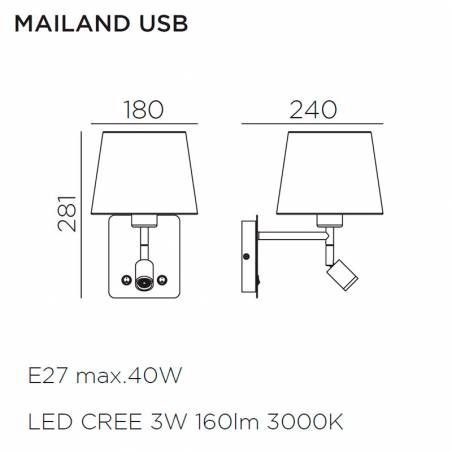 Aplique de pared Mailand E27 + LED USB info - MDC