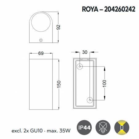 TRIO Roya 2L GU10 IP44 round wall lamp info