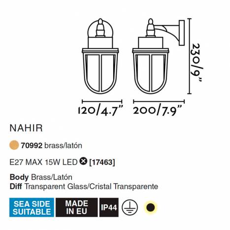 Aplique de pared Nahir E27 IP44 latón info - Faro