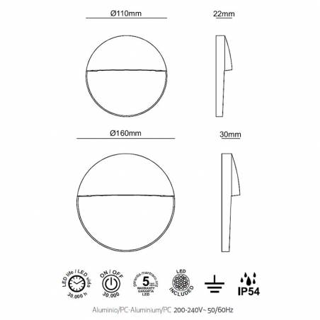 Baliza superficie Baker Round LED IP54 gris - Mantra