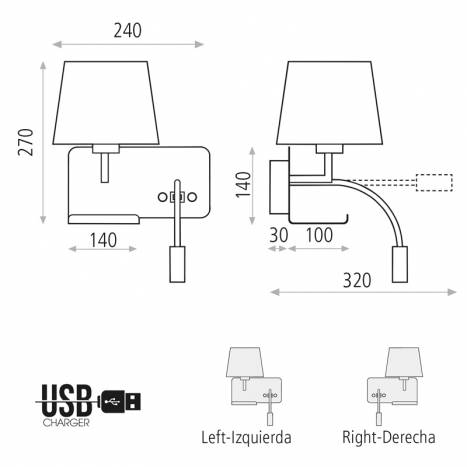 Aplique de pared Hold USB E27 + LED 3w info - ACB