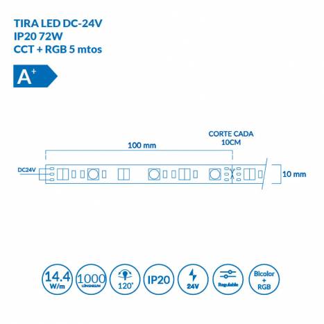 Tira LED CCT+RGB 11.2W/m IP20 24V 5 metros - Atmoss