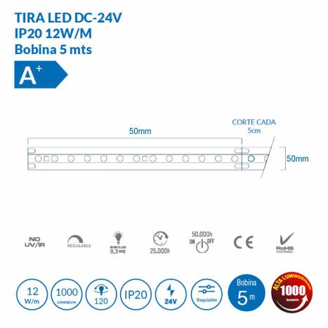 Tira LED COB 12W/m IP20 24V 5 metros - Atmoss