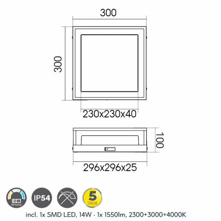 TRIO Witham LED 14w IP54 CCT ceiling lamp info