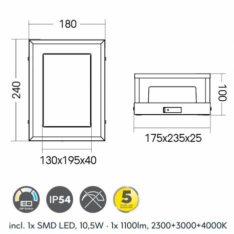 Aplique de pared Witham LED CCT IP54 info Trio