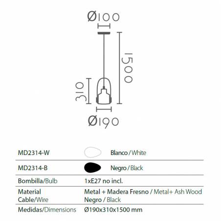 Lámpara colgante MD2314 1L madera fresno info - Ineslam