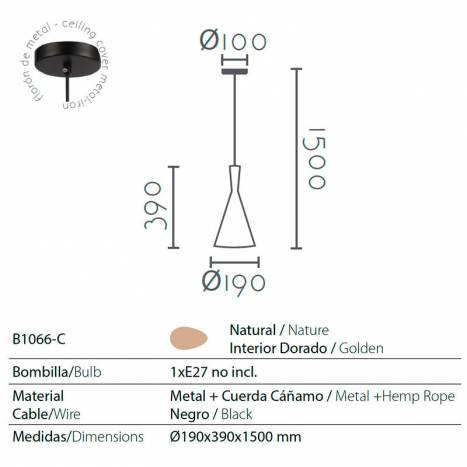Lámpara colgante Cica 1L E27 cáñamo info - Ineslam