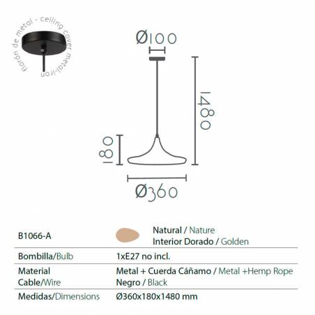 Lámpara colgante Ceiba 1L E27 cáñamo info - Ineslam