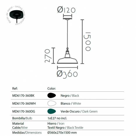 Lámpara colgante MD6170 36cm 1L E27 info - Ineslam