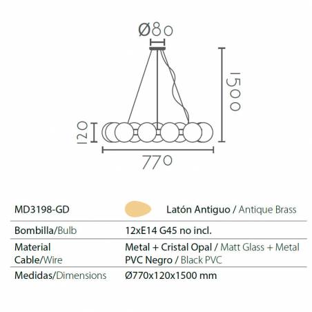 Lámpara colgante MD3198 12L E14 latón info - Ineslam