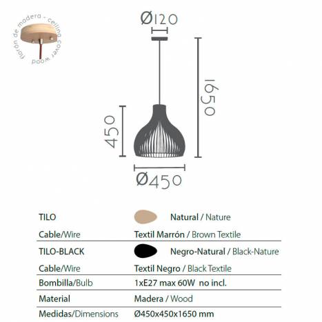 Lámpara colgante Tilo 1L E27 madera info - Ineslam