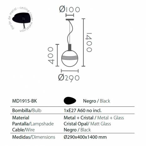 Lámpara colgante MD1915 1L E27 cristal info - Ineslam