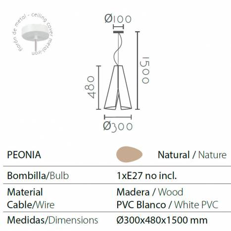 Lámpara colgante Peonia E27 madera info - Ineslam