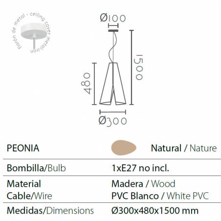 Lámpara colgante Peonia E27 madera info - Ineslam