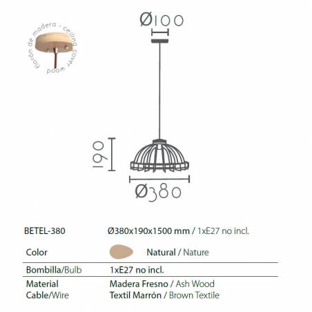 Lámpara colgante Betel E27 38cm info madera - Ineslam