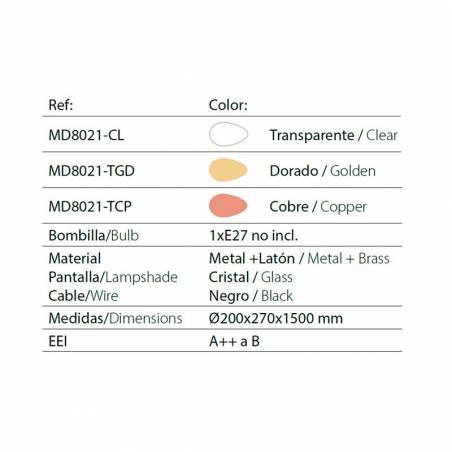 Lámpara colgante MD8021 E27 cristal info - Ineslam 1