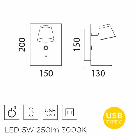 Aplique pared Libia LED 5w + USB info - MDC