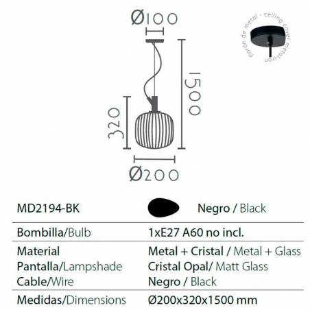 Lámpara colgante MD2194 E27 Ø20cm cristal info - Ineslam