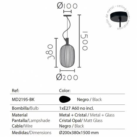 Lámpara colgante MD2195 E27 cristal info - Ineslam