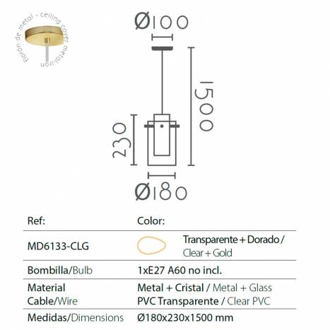 Lámpara colgante MD6133 E27 cristal info - Ineslam