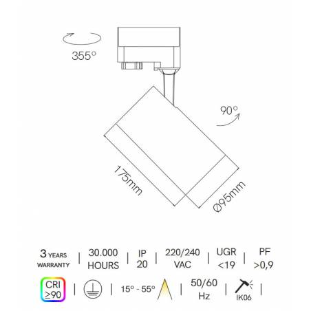 Foco de carril Zoom trifásico LED CCT angulo ajustable - Beneito Faure