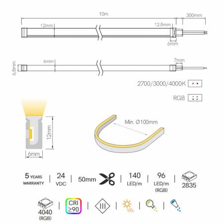 Tira LED Neon Fine 70 10M 5w IP67 24VDC - Beneito Faure
