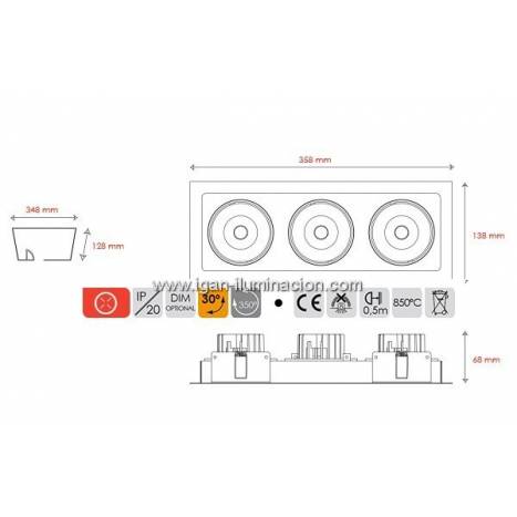 BPM Kuvet recessed light LED 3x10w white aluminium