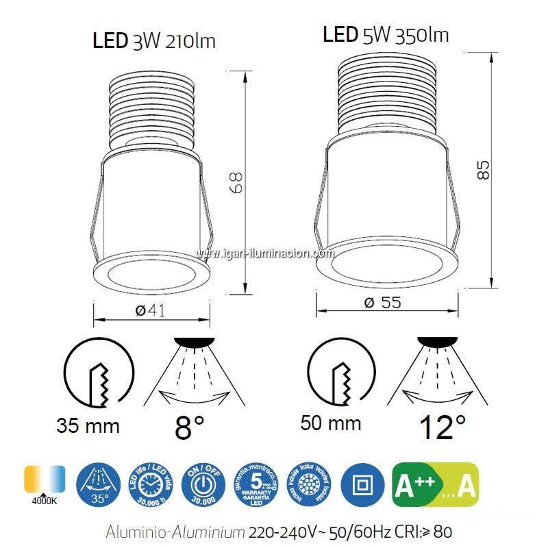 Mini foco empotrable LED de techo NEPTUNO 3W blanco - Mantra