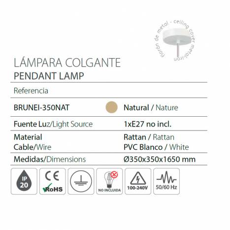 Lámpara colgante Brunei 1L E27 ratán - Ineslam