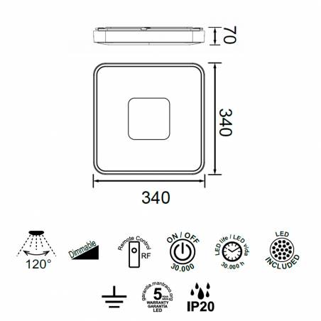 Plafón de techo Coin Square LED App + mando - Mantra